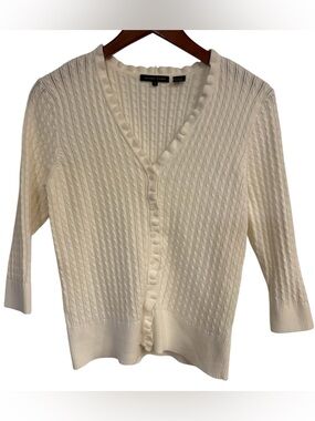 Jeanne Pierre Ivory Cable Knit Cardigan 3/4 Sleeve V-Neck Scalloped Trim Large